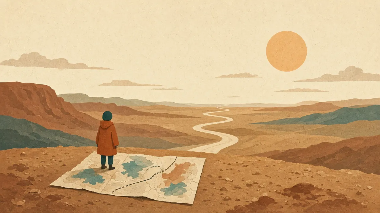 Illustration : une silhouette, de dos, se tient au bord d’un plateau devant une carte dépliée au sol ; une longue route sinueuse s’étire jusqu’à l’horizon sous un grand soleil.