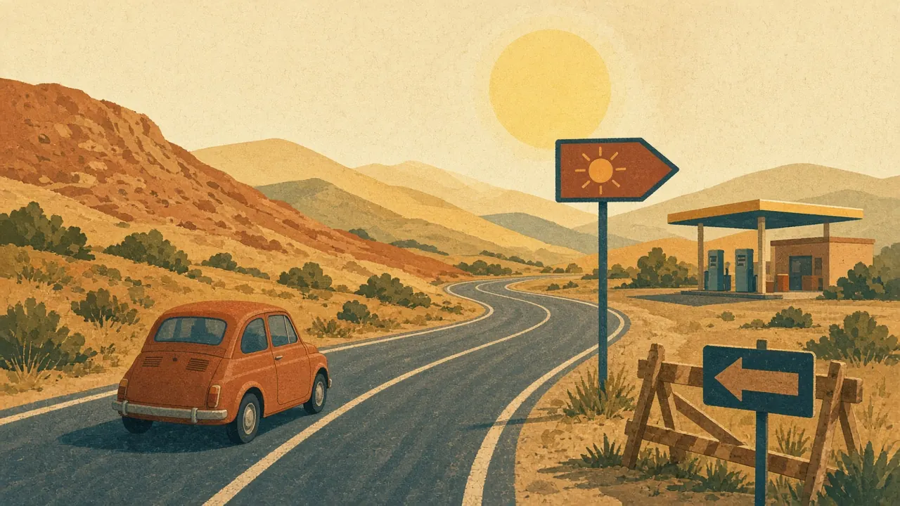 Illustration : une petite voiture orange roule sur une route ensoleillée entre des collines sèches, vers un panneau orné d’un soleil ; plus loin une station-service et un panneau de déviation.