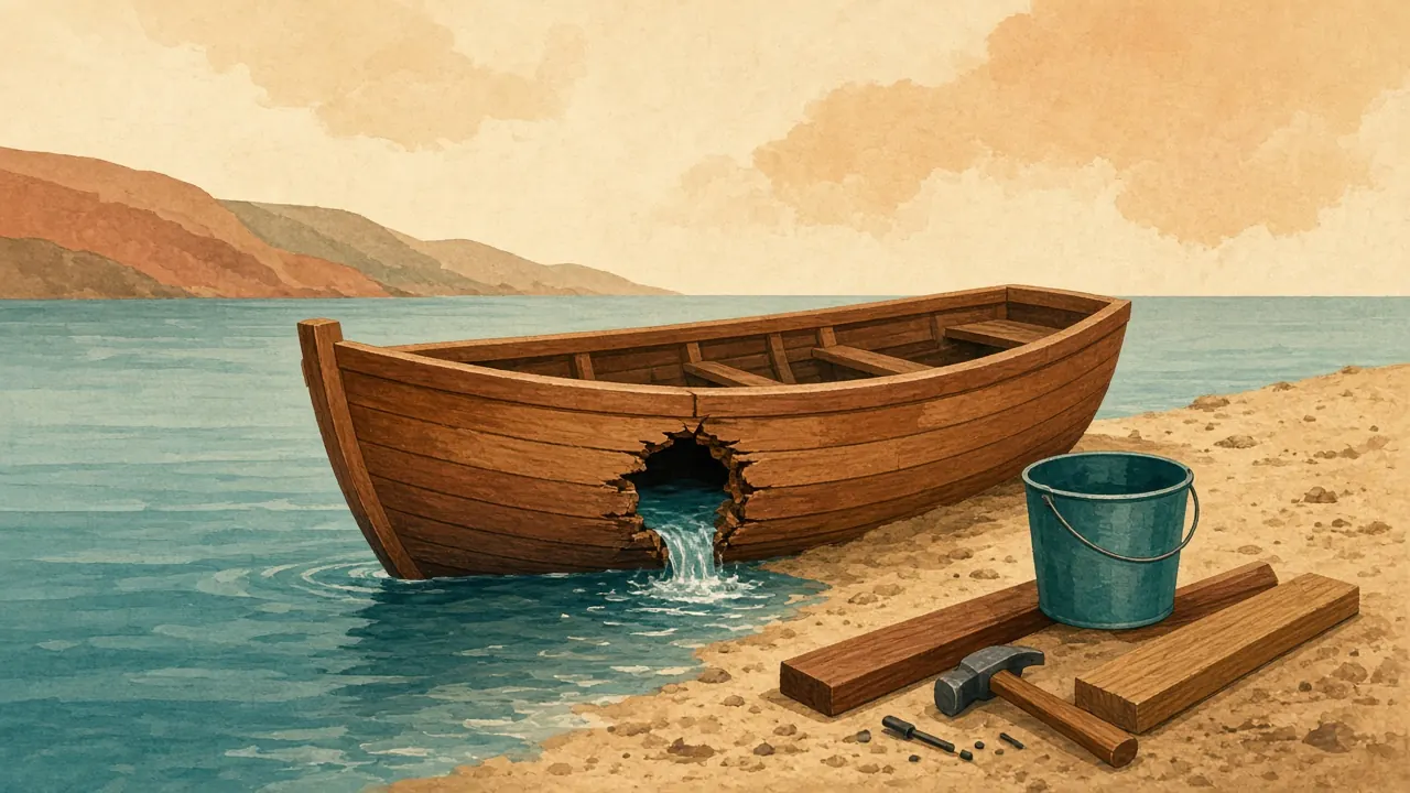 Illustration : une barque en bois échouée au bord de l’eau, avec un trou dans la coque par lequel l’eau s’écoule ; à côté, sur le sable, un seau, des planches et un marteau prêts pour la réparation.