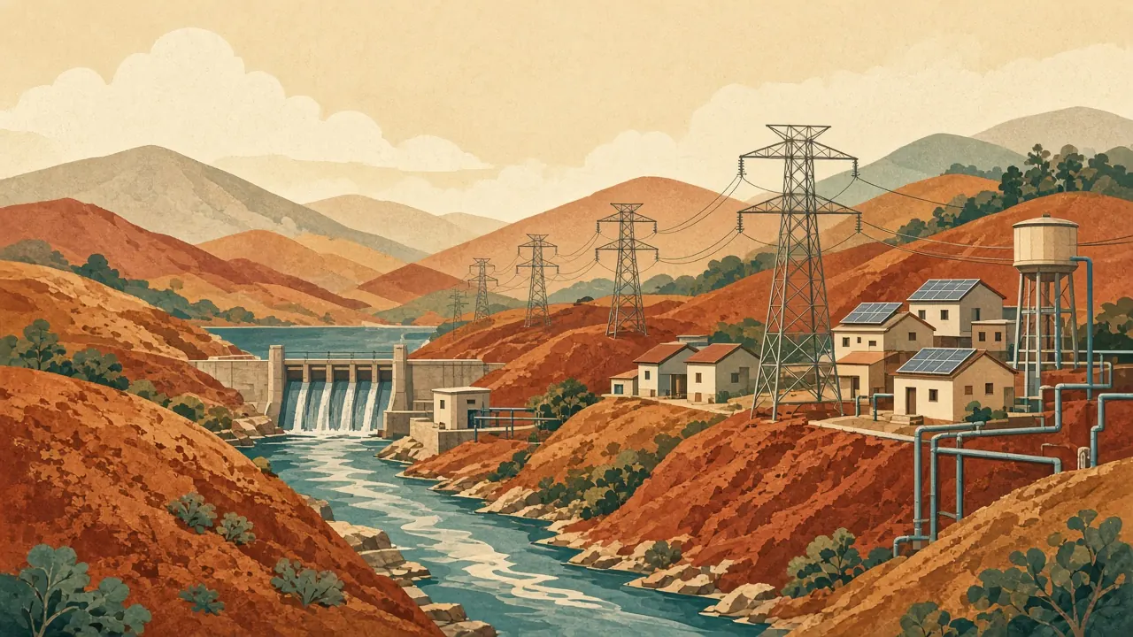 Illustration : paysage de collines de terre rouge traversé par une rivière, avec un petit barrage hydroélectrique, des pylônes électriques, un château d’eau, des canalisations et des maisons équipées de panneaux solaires.