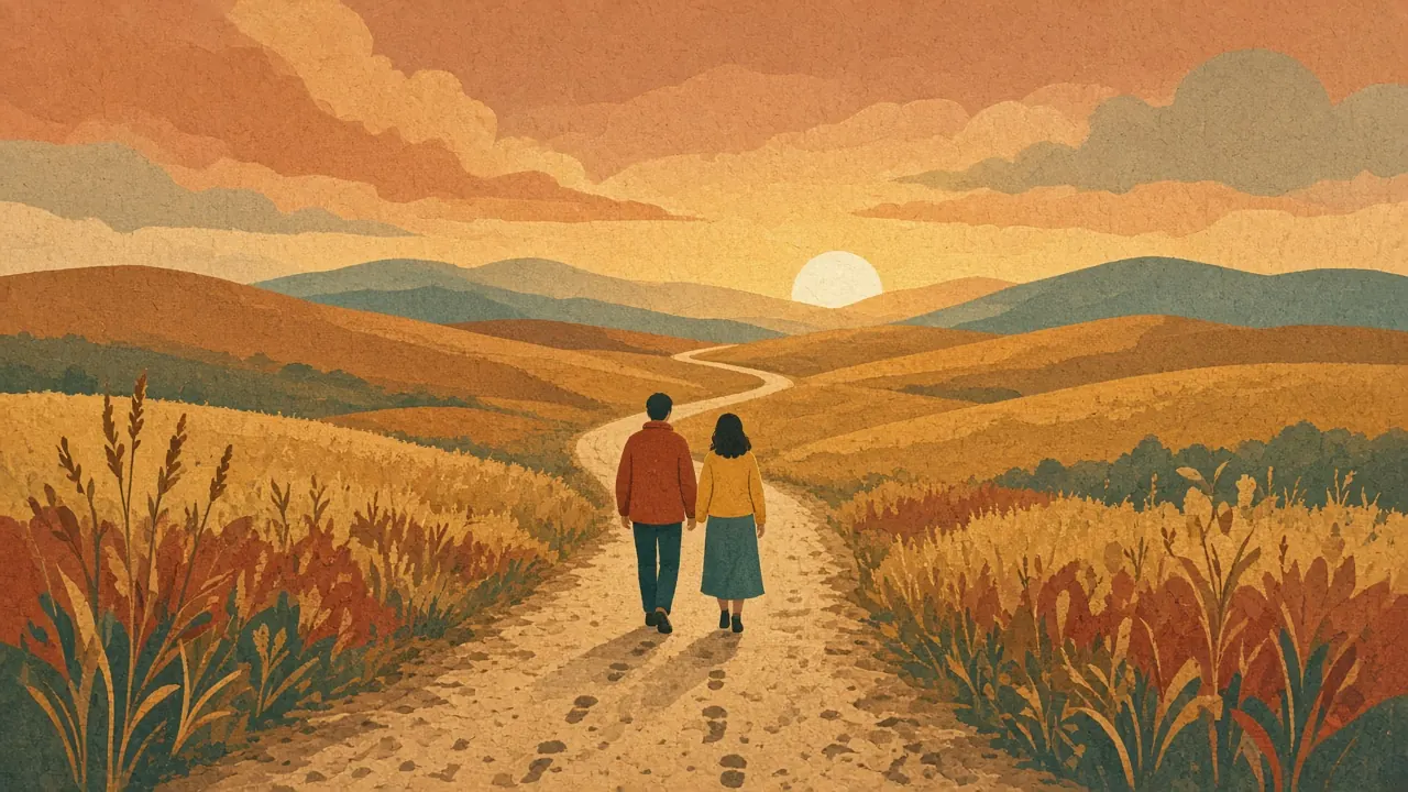 Illustration : deux personnes vues de dos marchent côte à côte sur un chemin de terre sinueux à travers des champs dorés, vers des collines au coucher du soleil.